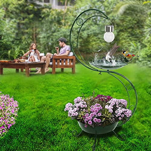 Ribgwo Bird Baths with Flower Planter Pedestal for Outdoors,35" Height Metal Bird Feeders with Solar Lamp, Vintage Decorative Bird Bath for Garden Yard Patio Lawn