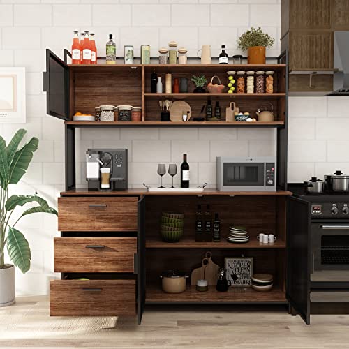 AGOTENI Large Kitchen Hutch Cabinet, Storage Cupboard Pantry with 3 Metal Doors, 3 Drawers & Microwave Shelf, for Kitchen Open Storage, Rustic Brown (59" W x 15.7" D x 68.5" H)