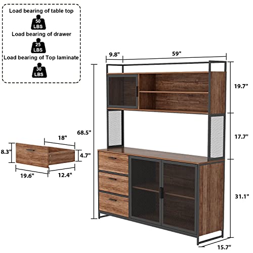 AGOTENI Large Kitchen Hutch Cabinet, Storage Cupboard Pantry with 3 Metal Doors, 3 Drawers & Microwave Shelf, for Kitchen Open Storage, Rustic Brown (59" W x 15.7" D x 68.5" H)
