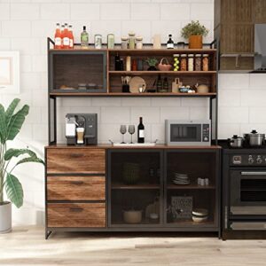 AGOTENI Large Kitchen Hutch Cabinet, Storage Cupboard Pantry with 3 Metal Doors, 3 Drawers & Microwave Shelf, for Kitchen Open Storage, Rustic Brown (59" W x 15.7" D x 68.5" H)