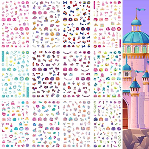 VIWIEU Small Kids Nail Stickers Princess Nails Decals for Little Girls 12 Sheets, 600+ Cute Toddler Tiny Fingernail Wraps Birthday Party Favors, Easter Basket Filler, Christmas Holiday Gift