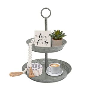 flora farmhouse 2 tiered galvanized serving tray stand with carry handle, rustic metal display tray for cupcake dessert fruit, silver
