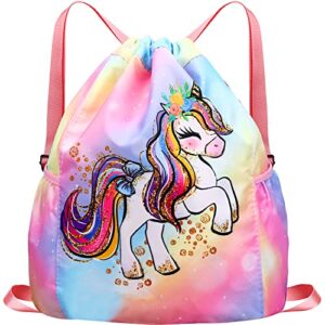 luchike drawstring backpack for kids - girls dance bag,sport gym beach swim travel daypack with two water bottle holder