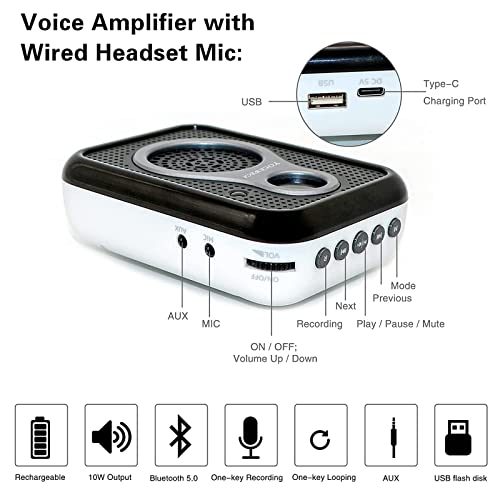 Voice Amplifier with Wired Headset Microphone, Supports Mute, Bluetooth 5.0, Recording, Portable Speech Amplification Speaker for Teachers, Instructors, Tour Guides, Yoga, etc…