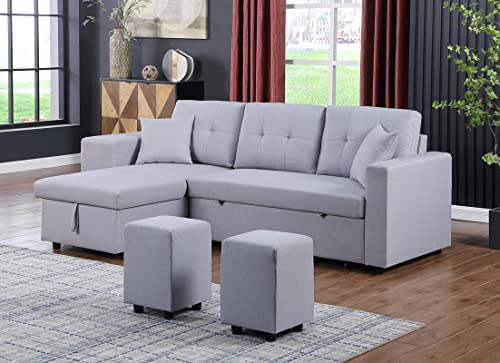 BIADNBZ Convertible Sleeper Sectional Sofa with Reversible Storage Chaise, Modern Linen Fabric L-Shaped Pull Out Couch w/2 Stools,for Living Room Apartment, Light Gray