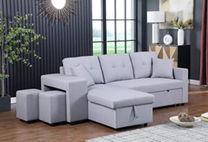 biadnbz convertible sleeper sectional sofa with reversible storage chaise, modern linen fabric l-shaped pull out couch w/2 stools,for living room apartment, light gray