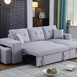 BIADNBZ Convertible Sleeper Sectional Sofa with Reversible Storage Chaise, Modern Linen Fabric L-Shaped Pull Out Couch w/2 Stools,for Living Room Apartment, Light Gray