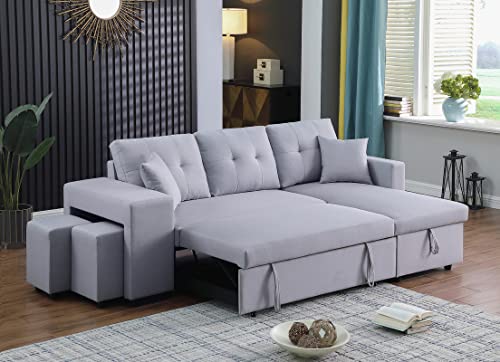 BIADNBZ Convertible Sleeper Sectional Sofa with Reversible Storage Chaise, Modern Linen Fabric L-Shaped Pull Out Couch w/2 Stools,for Living Room Apartment, Light Gray