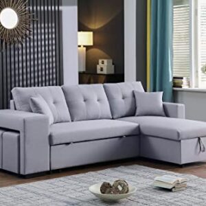 BIADNBZ Convertible Sleeper Sectional Sofa with Reversible Storage Chaise, Modern Linen Fabric L-Shaped Pull Out Couch w/2 Stools,for Living Room Apartment, Light Gray