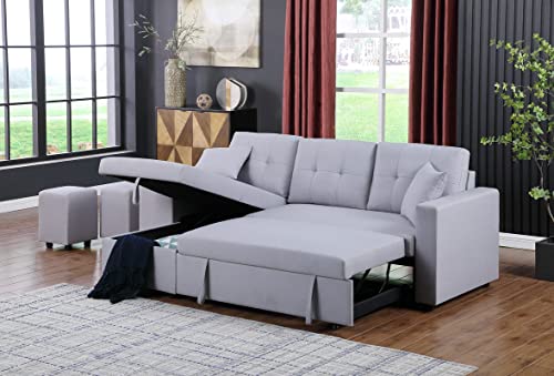 BIADNBZ Convertible Sleeper Sectional Sofa with Reversible Storage Chaise, Modern Linen Fabric L-Shaped Pull Out Couch w/2 Stools,for Living Room Apartment, Light Gray