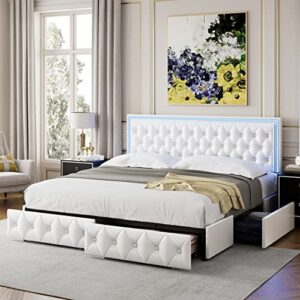 keyluv full upholstered led bed frame with 4 drawers, pu leather platform storage bed with adjustable button tufted headboard and solid wooden slats support, no box spring needed, white