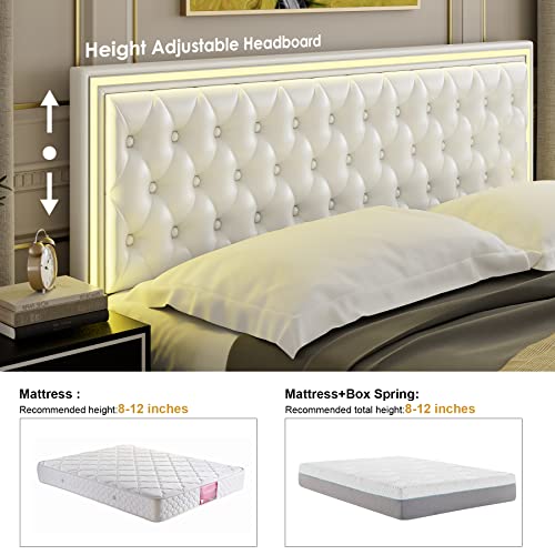 Keyluv Full Upholstered LED Bed Frame with 4 Drawers, Pu Leather Platform Storage Bed with Adjustable Button Tufted Headboard and Solid Wooden Slats Support, No Box Spring Needed, White