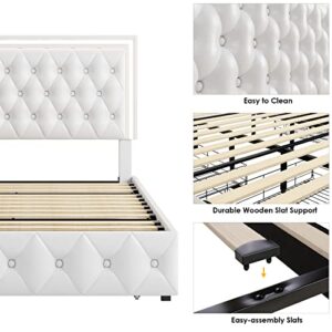 Keyluv Full Upholstered LED Bed Frame with 4 Drawers, Pu Leather Platform Storage Bed with Adjustable Button Tufted Headboard and Solid Wooden Slats Support, No Box Spring Needed, White