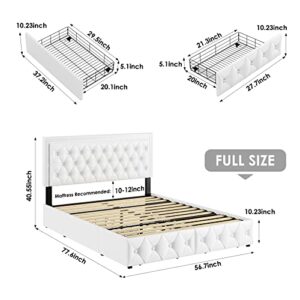 Keyluv Full Upholstered LED Bed Frame with 4 Drawers, Pu Leather Platform Storage Bed with Adjustable Button Tufted Headboard and Solid Wooden Slats Support, No Box Spring Needed, White