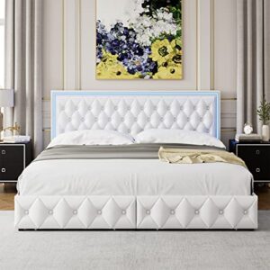 Keyluv Full Upholstered LED Bed Frame with 4 Drawers, Pu Leather Platform Storage Bed with Adjustable Button Tufted Headboard and Solid Wooden Slats Support, No Box Spring Needed, White