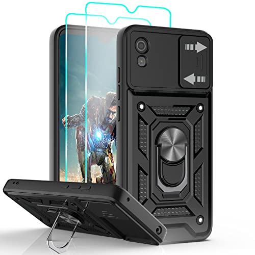 YmhxcY for TCL 30 Z (T602DL) Phone Case, TCL 30 LE Case with Slide Camera Cover and 2× HD Screen Flim, Heavy Duty Shockproof Protective Case with Magnetic Metal Stand for TCL 30Z/TCL 30LE-SJ Black