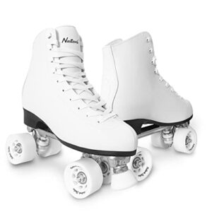 roller skates for women with pu leather high-top double row rollerskates, unisex-adult indoor outdoor white derby skate size 6 with adjustable fast braking for beginner