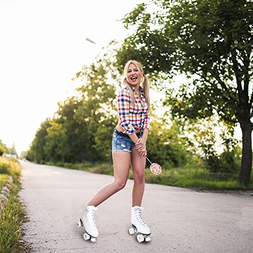 Roller Skates for Women with PU Leather High-top Double Row Rollerskates, Unisex-Adult Indoor Outdoor White Derby Skate Size 6 with Adjustable Fast Braking for Beginner