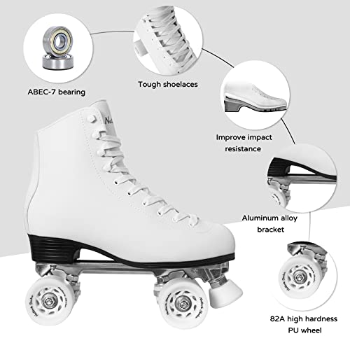 Roller Skates for Women with PU Leather High-top Double Row Rollerskates, Unisex-Adult Indoor Outdoor White Derby Skate Size 6 with Adjustable Fast Braking for Beginner