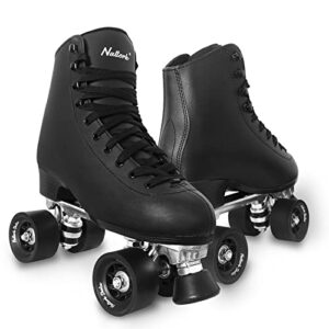 roller skates for women with pu leather high-top double row rollerskates, unisex-adult indoor outdoor black derby skate size 11 with adjustable fast braking for beginner