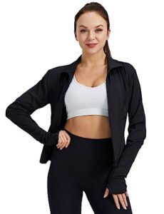 sedocu women workout running track jacket full zip up slim fit yoga sports athletic jacket with thumb holes black