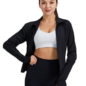 SEDOCU Women Workout Running Track Jacket Full Zip up Slim Fit Yoga Sports Athletic Jacket with Thumb Holes Black