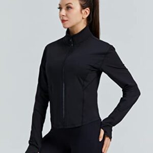 SEDOCU Women Workout Running Track Jacket Full Zip up Slim Fit Yoga Sports Athletic Jacket with Thumb Holes Black