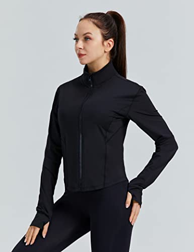 SEDOCU Women Workout Running Track Jacket Full Zip up Slim Fit Yoga Sports Athletic Jacket with Thumb Holes Black