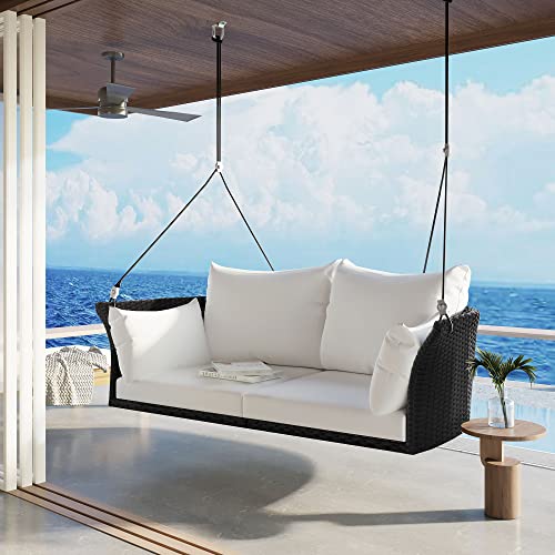 Patio 51.9” 2-Person Swing Chair,Outdoor Rattan Woven Hanging Seat with Adjustable Rope and Cushion,for Porch Lawn Garden Backyard Balconies (Black&b)