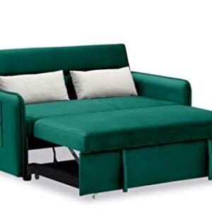 Velvet Upholstered Loveseat Sleeper Sofa w/Side Storage Pockets, 54'' 2-Seaters Sofá with Pull-Out Couch Bed with 2 Pillows & Adjustable Backrest for Living Room Apartment Office Compact Space, Green