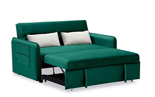 Velvet Upholstered Loveseat Sleeper Sofa w/Side Storage Pockets, 54'' 2-Seaters Sofá with Pull-Out Couch Bed with 2 Pillows & Adjustable Backrest for Living Room Apartment Office Compact Space, Green