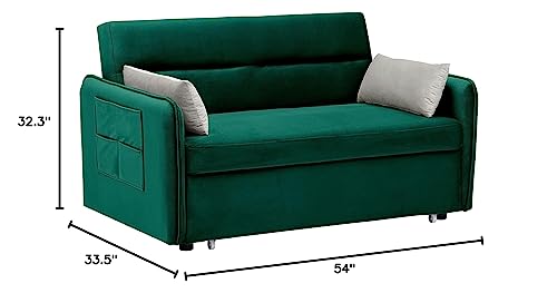 Velvet Upholstered Loveseat Sleeper Sofa w/Side Storage Pockets, 54'' 2-Seaters Sofá with Pull-Out Couch Bed with 2 Pillows & Adjustable Backrest for Living Room Apartment Office Compact Space, Green