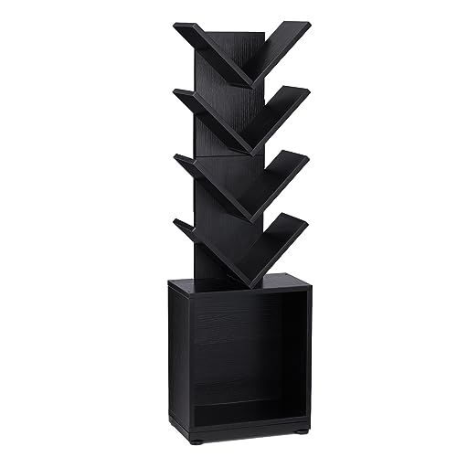 ruboka 5-Shelf Tree Bookshelf with Storage, 37.9-Inch Retro Floor Standing Bookcase Display for CDs/Magazine/Books, Small Bookshelf for Bedroom, Living Room, Office, Black Storage Shelves DESK56B