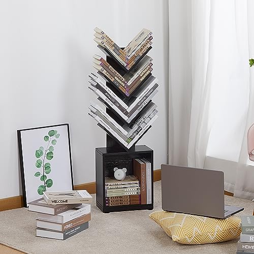 ruboka 5-Shelf Tree Bookshelf with Storage, 37.9-Inch Retro Floor Standing Bookcase Display for CDs/Magazine/Books, Small Bookshelf for Bedroom, Living Room, Office, Black Storage Shelves DESK56B