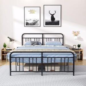 12in queen metal bed frame, heavy duty platform bed no box spring needed,queen size solid steel bed with headboard and footboard support for 1100lbs, noise free, easy assembly,black