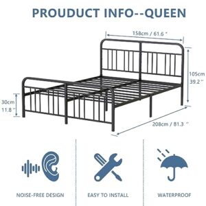 12in Queen Metal Bed Frame, Heavy Duty Platform Bed No Box Spring Needed,Queen Size Solid Steel Bed with Headboard and Footboard Support for 1100LBS, Noise Free, Easy Assembly,Black