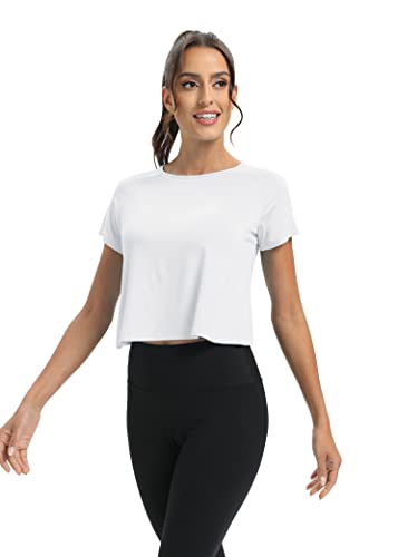 Mippo Crop Workout Tops Gym Shirt Athletic Wear Yoga Apparel Exercise Fitness Crop Top Going Out Tshirts Dance Pilates Clothes for Women White M