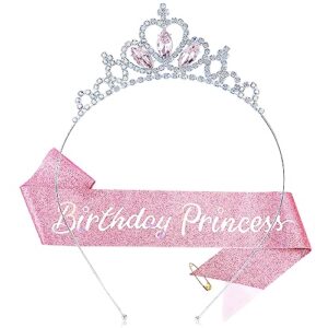 kicosy birthday crowns for women birthday princess sash & crystal tiara set pink rhinestone tiara for girls princess crown birthday tiara girls crystal headband glitter sash kit for birthday party