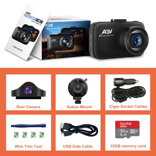 Dash Cam,Dash Cam Front and Rear,AQV Dual Dash cam Built-in GPS, 4K+1080P,Parking Monitor, Super Night Vision, Capacitor, WDR,G-Sensor, Motion Detector,Loop Recording,Support 128GB Max