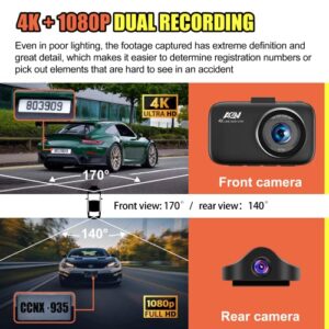 Dash Cam,Dash Cam Front and Rear,AQV Dual Dash cam Built-in GPS, 4K+1080P,Parking Monitor, Super Night Vision, Capacitor, WDR,G-Sensor, Motion Detector,Loop Recording,Support 128GB Max