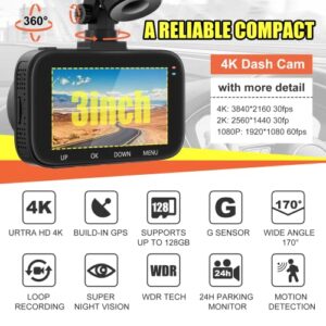 Dash Cam,Dash Cam Front and Rear,AQV Dual Dash cam Built-in GPS, 4K+1080P,Parking Monitor, Super Night Vision, Capacitor, WDR,G-Sensor, Motion Detector,Loop Recording,Support 128GB Max