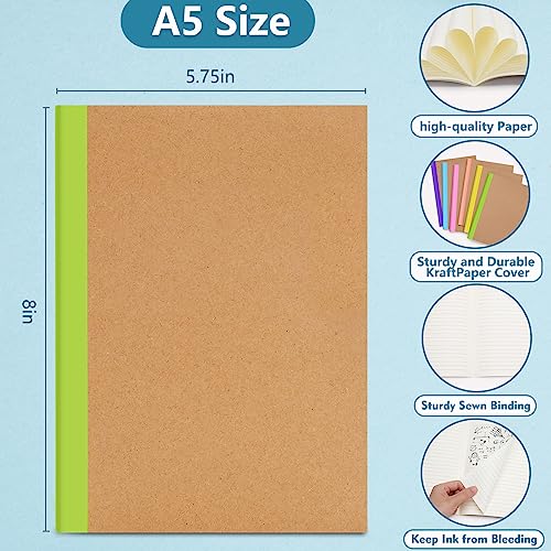 6 Pack Composition Notebooks Bulk, Travel Journal Notebooks Kraft Cover with Rainbow Spines, 120 Pages College Ruled Lined Paper for Kids Women, Notepad for School Office Supplies A5 (8in x 5.75in)