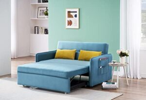 fanye velvet upholstered loveseat sleeper w/side storage pockets, 54'' 2-seaters sofa with pull-out couch bed with 2 pillows & adjustable backrest for living room apartment office compact space, teal