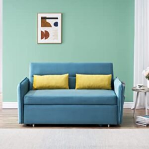 FANYE Velvet Upholstered Loveseat Sleeper w/Side Storage Pockets, 54'' 2-Seaters Sofa with Pull-Out Couch Bed with 2 Pillows & Adjustable Backrest for Living Room Apartment Office Compact Space, Teal