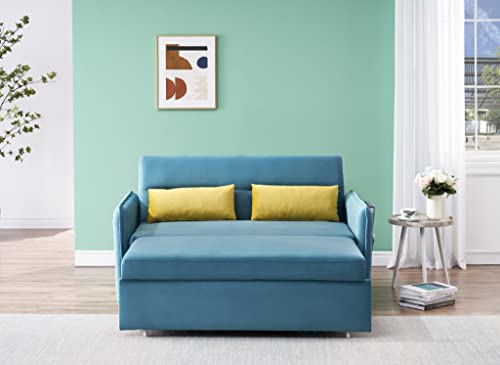 FANYE Velvet Upholstered Loveseat Sleeper w/Side Storage Pockets, 54'' 2-Seaters Sofa with Pull-Out Couch Bed with 2 Pillows & Adjustable Backrest for Living Room Apartment Office Compact Space, Teal
