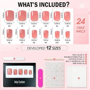 Press on Nails Short Nude, Jofay Fashion Square False Nails with Glue, Reusable & Natural Solid Color Acrylic Fake Nails Stick on Nails for Women Girls Gift, Gel Nail Kit Salon-Quality, Sweet Peach, 24pcs