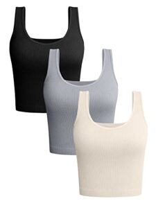 oqq women's 3 piece tank shirt ribbed seamless workout exercise yoga sleeveless crop, black grey beige, large