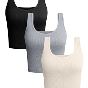 OQQ Women's 3 Piece Tank Shirt Ribbed Seamless Workout Exercise Yoga Sleeveless Crop, Black Grey Beige, Large