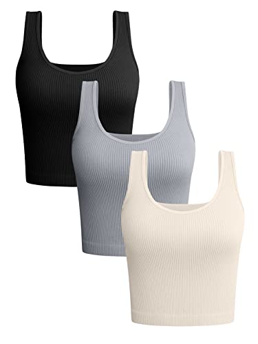 OQQ Women's 3 Piece Tank Shirt Ribbed Seamless Workout Exercise Yoga Sleeveless Crop, Black Grey Beige, Large