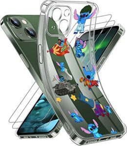 mobrwuvs cartoon case for iphone 14 pro max,cute stitch 3d animal character anti-bump shockproof transparent protective cover suitable for boys and girls teenage
